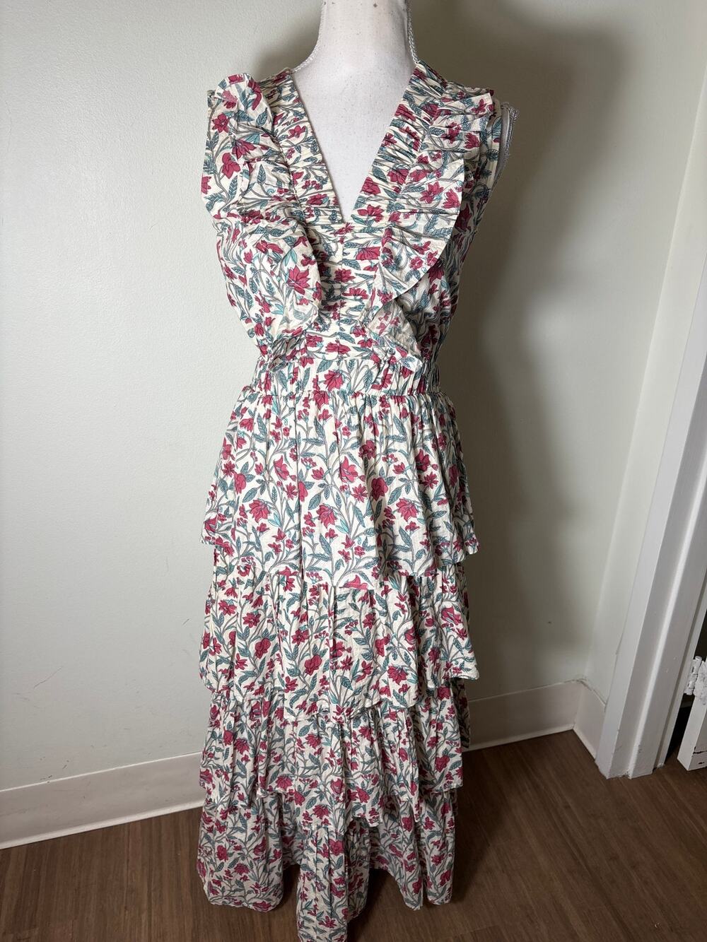 Anna Cate Cream Pink and Green Floral Tiered Maxi Dress Sz XS
